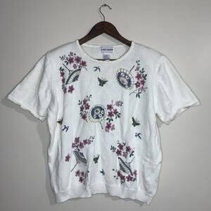 Vintage Alfred Dunner Floral Butterflies White Embroidered Bead Knit Top Size L